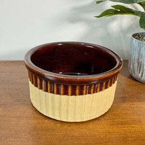 Vintage Style Ceramic Ramekin Souffle Dish Brown Beige Ribbed Oven Safe Bakeware